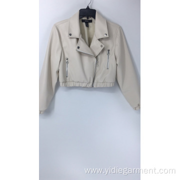 Women's Cream Faux Leather Crop Jacket